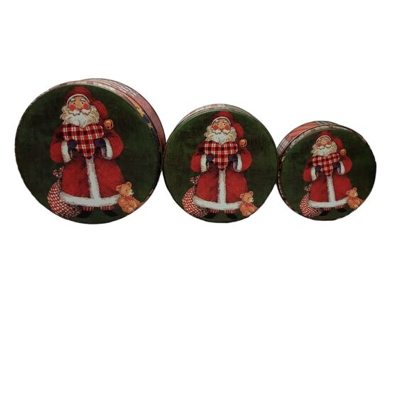 🎅 🏁Vtg Santa Nesting Tins Set of 3 Plaid Christmas Cookie Storage Farmhouse 🎁 - Picture 16 of 16